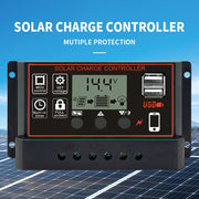 Солнечный контроллер заряда с ЖК-дисплеем, двойным USB-выходом, регулируемым таймером и многоуровневой системой защиты для эффективного производства энергии. Жестко подключаемый источник питания без необходимости в аккумуляторе.