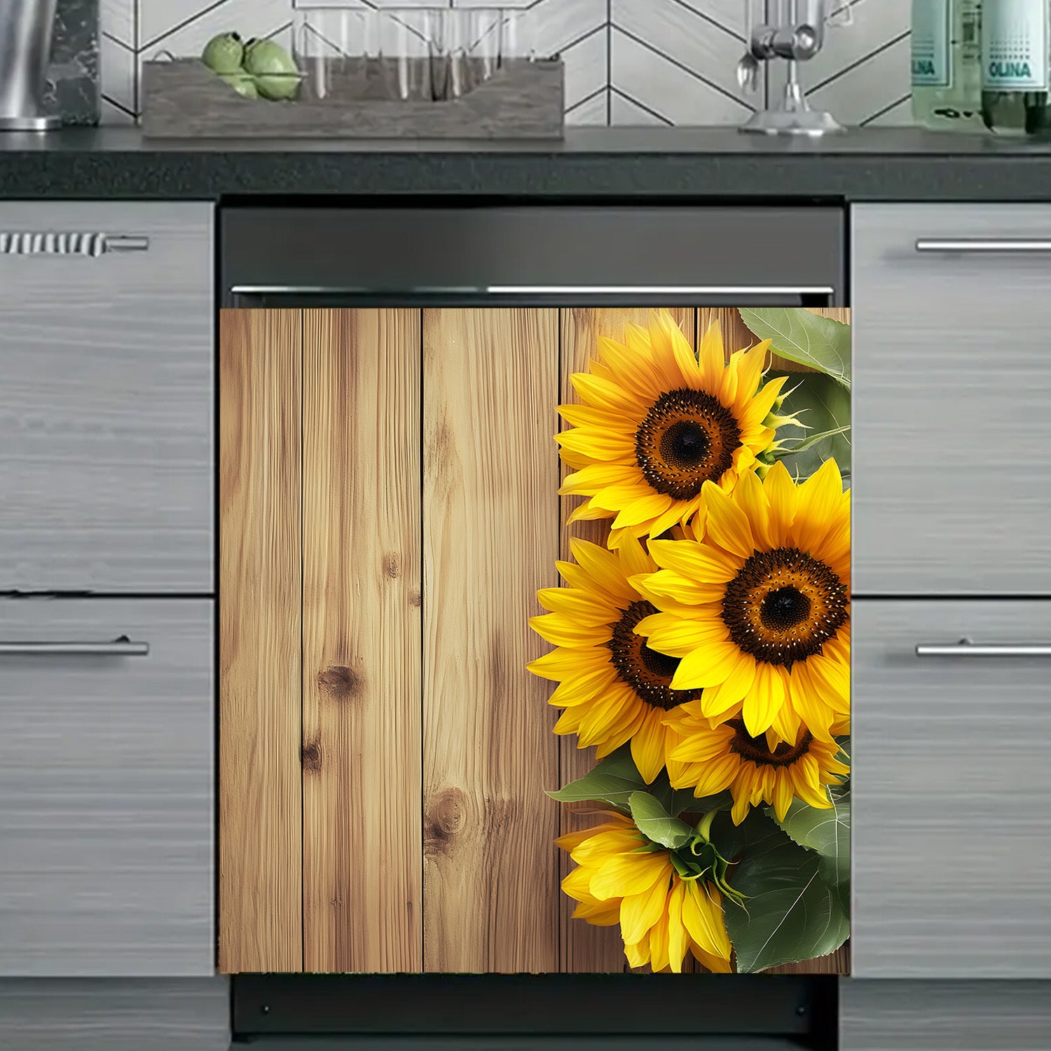 Sunflower Design Dishwasher Magnet Cover Waterproof Heat-Resistant Metal Kitchen Decor Rustic Wood Plank Style