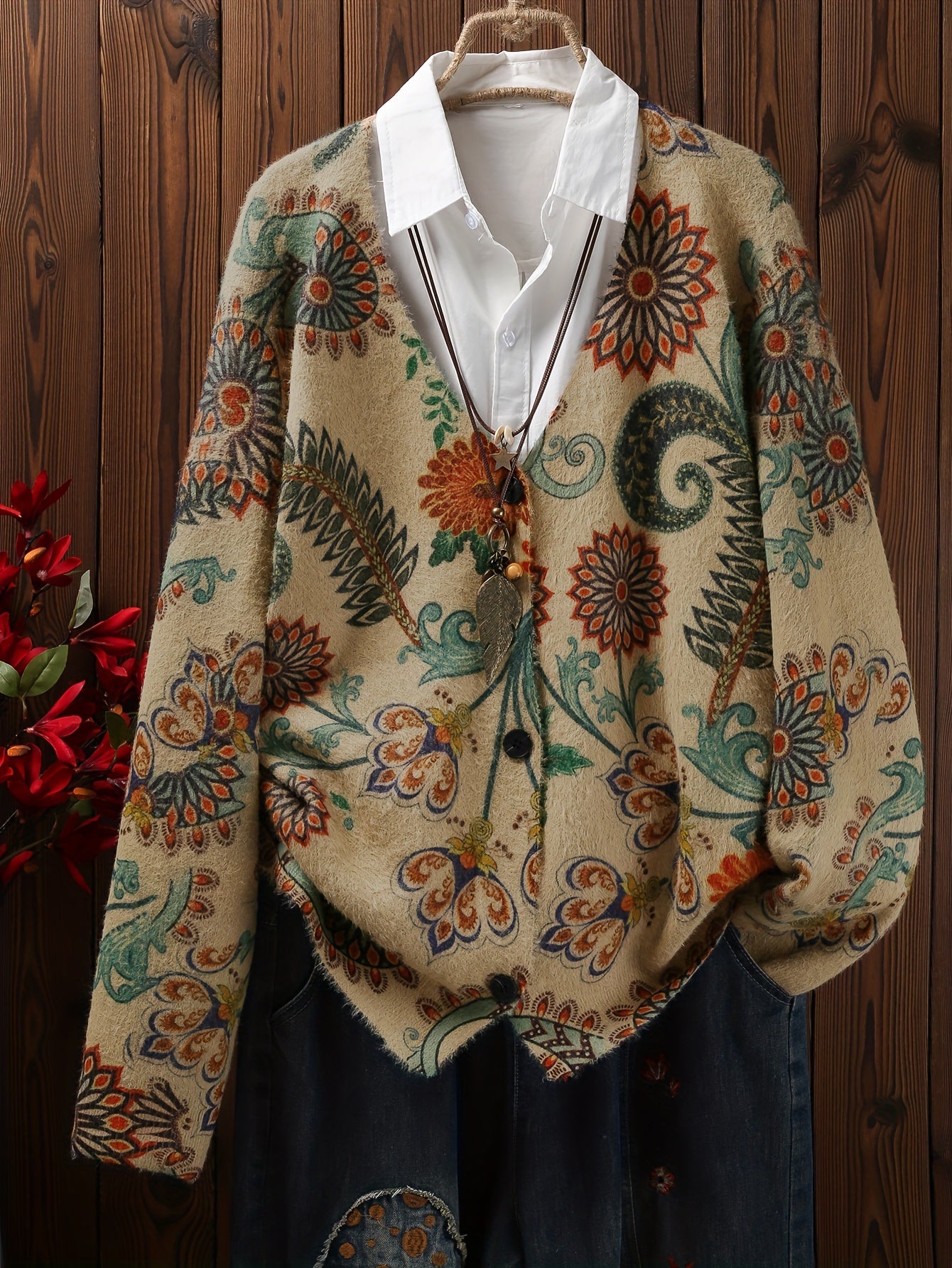 Plus Size Women's Autumn Winter Floral Print Cardigan Long Sleeve Open Front Sweater
