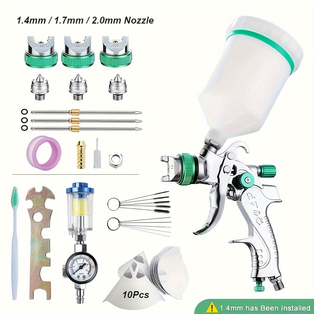 Green Stainless Steel HVLP Spray Gun with 1.4/1.7/2.0mm Nozzles and 600cc Cup