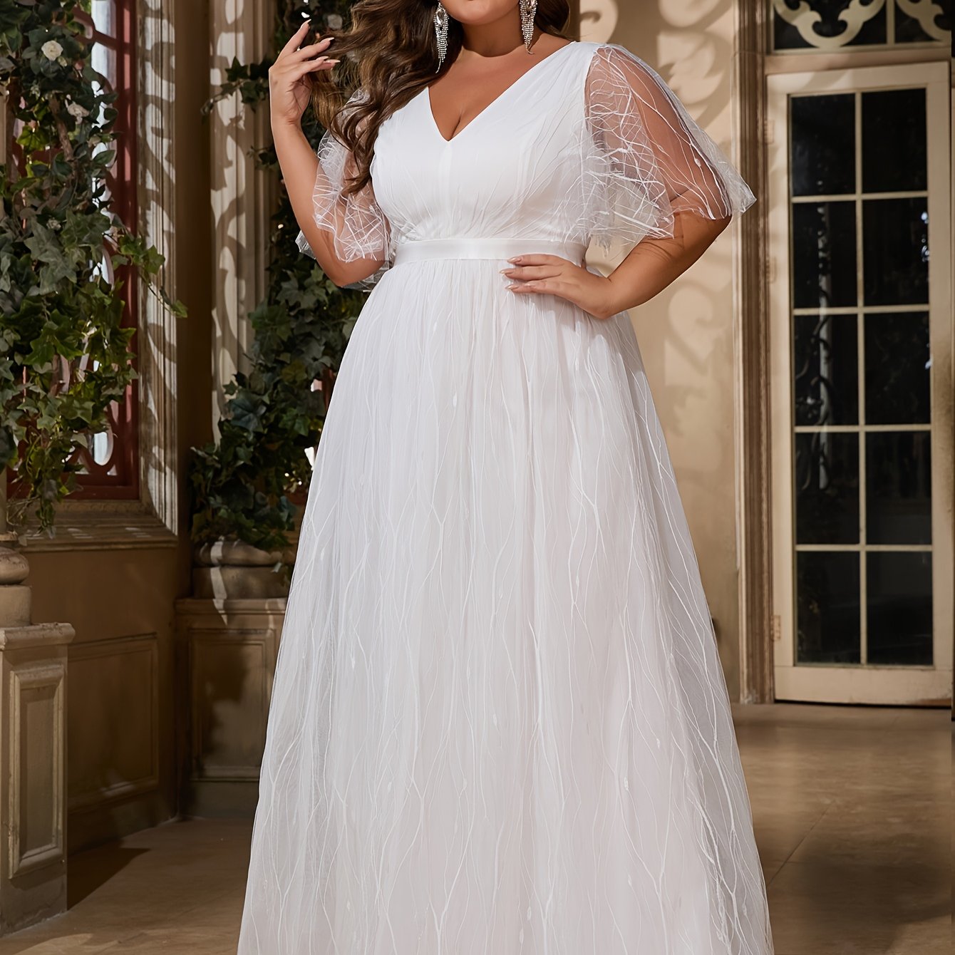 Plus Size Women's V-Neck Ruffle Sleeve Mesh Overlay Wedding Dress Maxi Skirt Formal Evening Wear