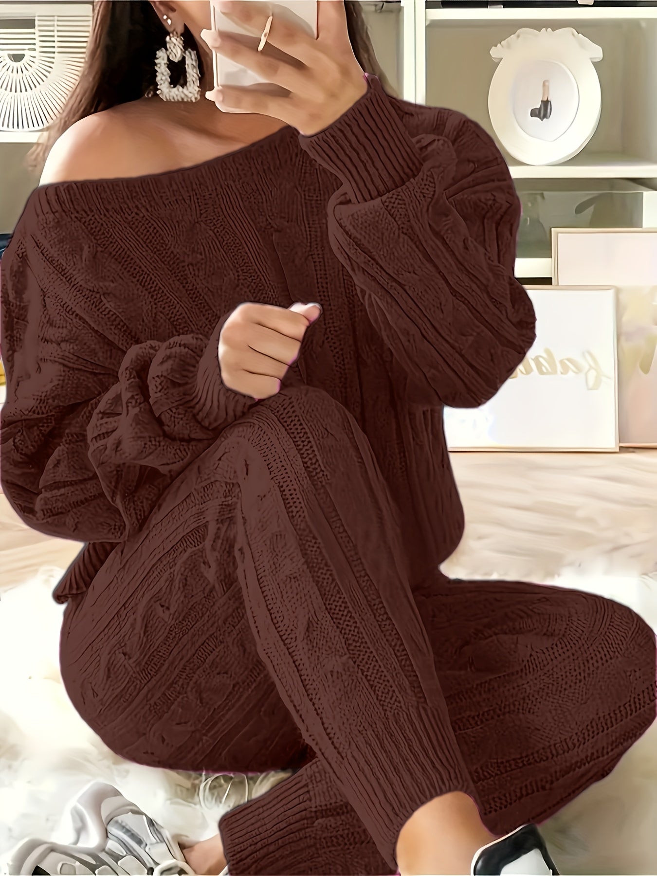 Plus Size Casual Shoulder Bag Sweater Set Women Knit Lounge Wear