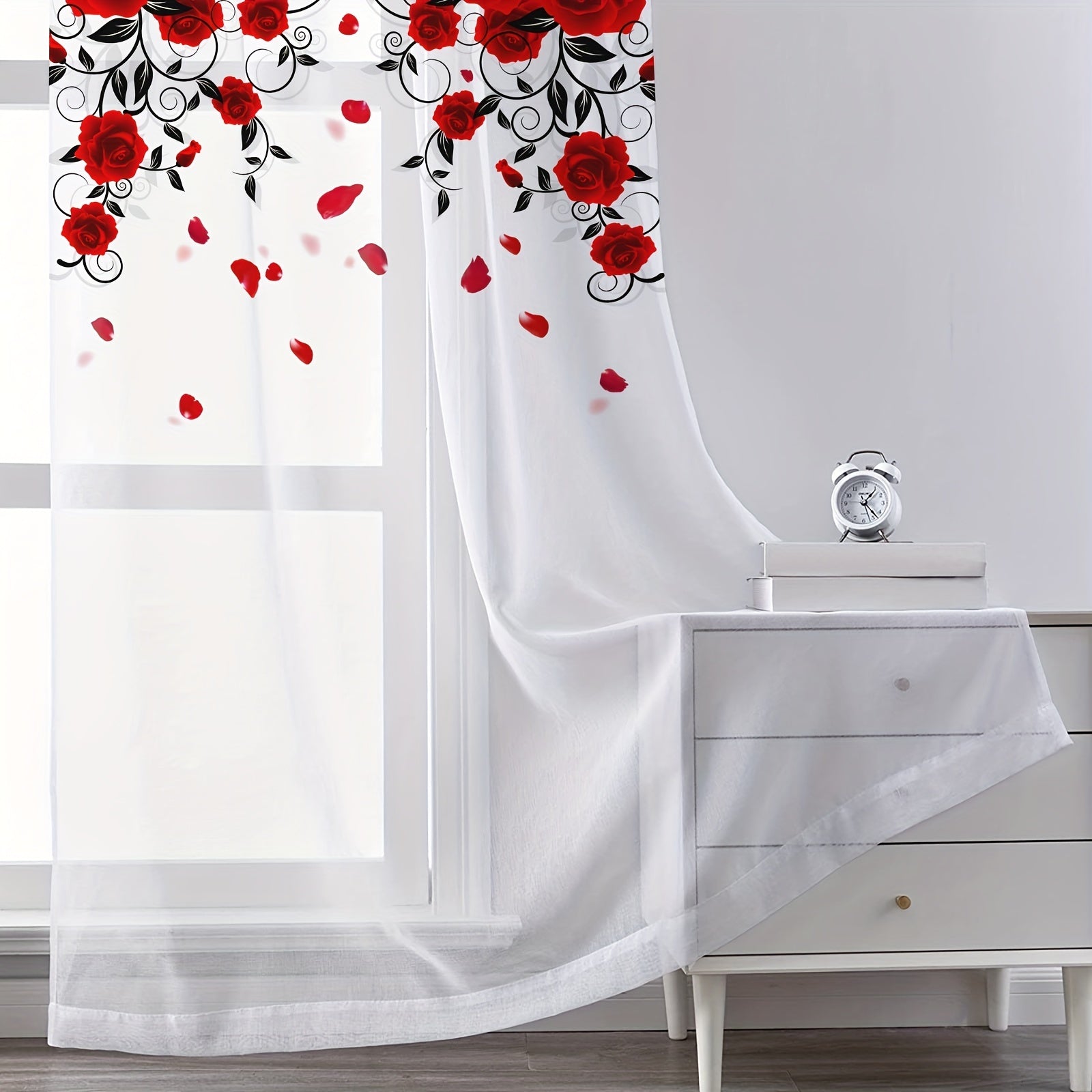 Red Rose Printed Curtain with Rod Pocket for Bedroom Living Room Kitchen Home Decor