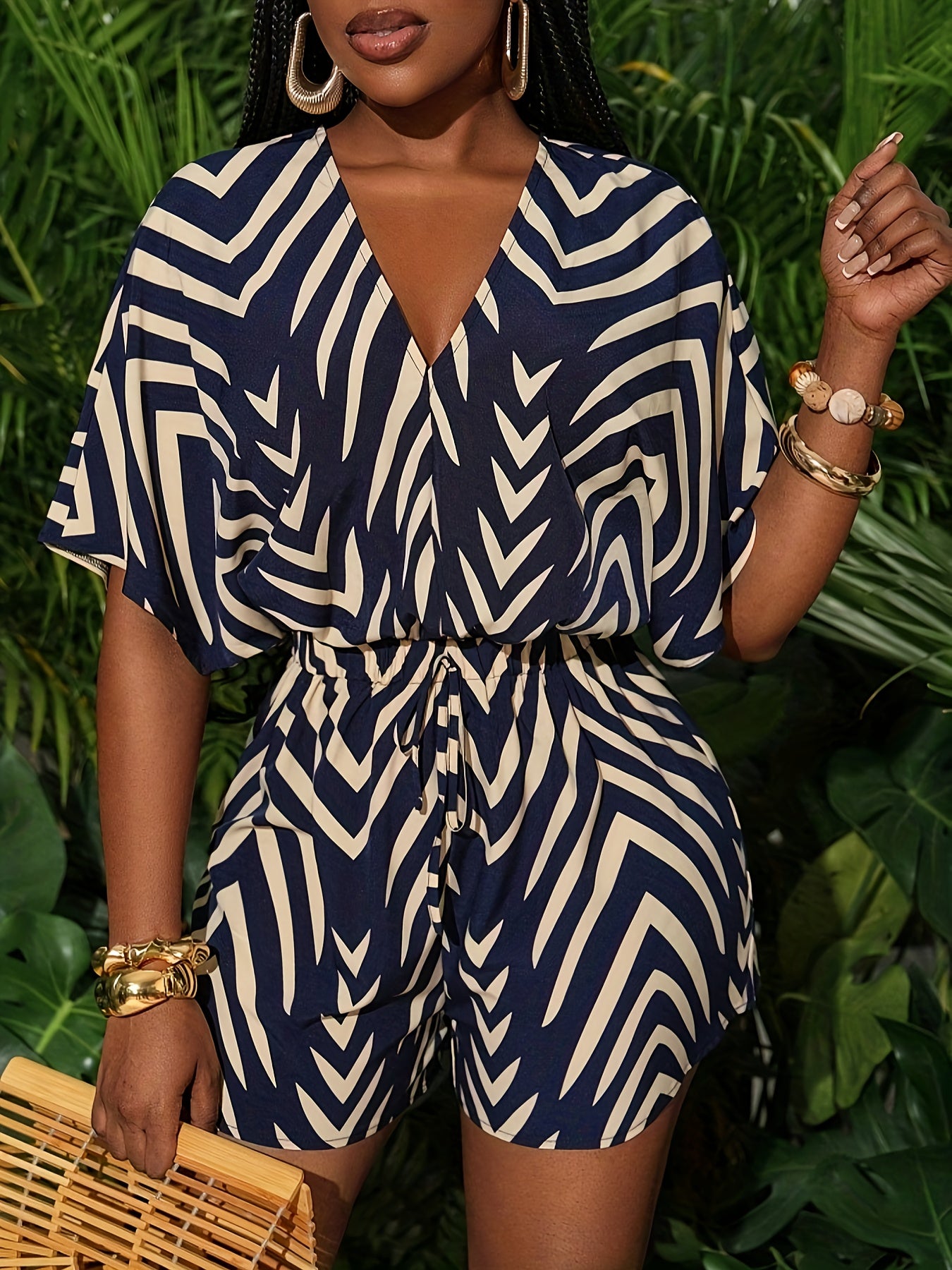 Plus Size Women's V-Neck Romper with Tie Waist and Blue White Pattern