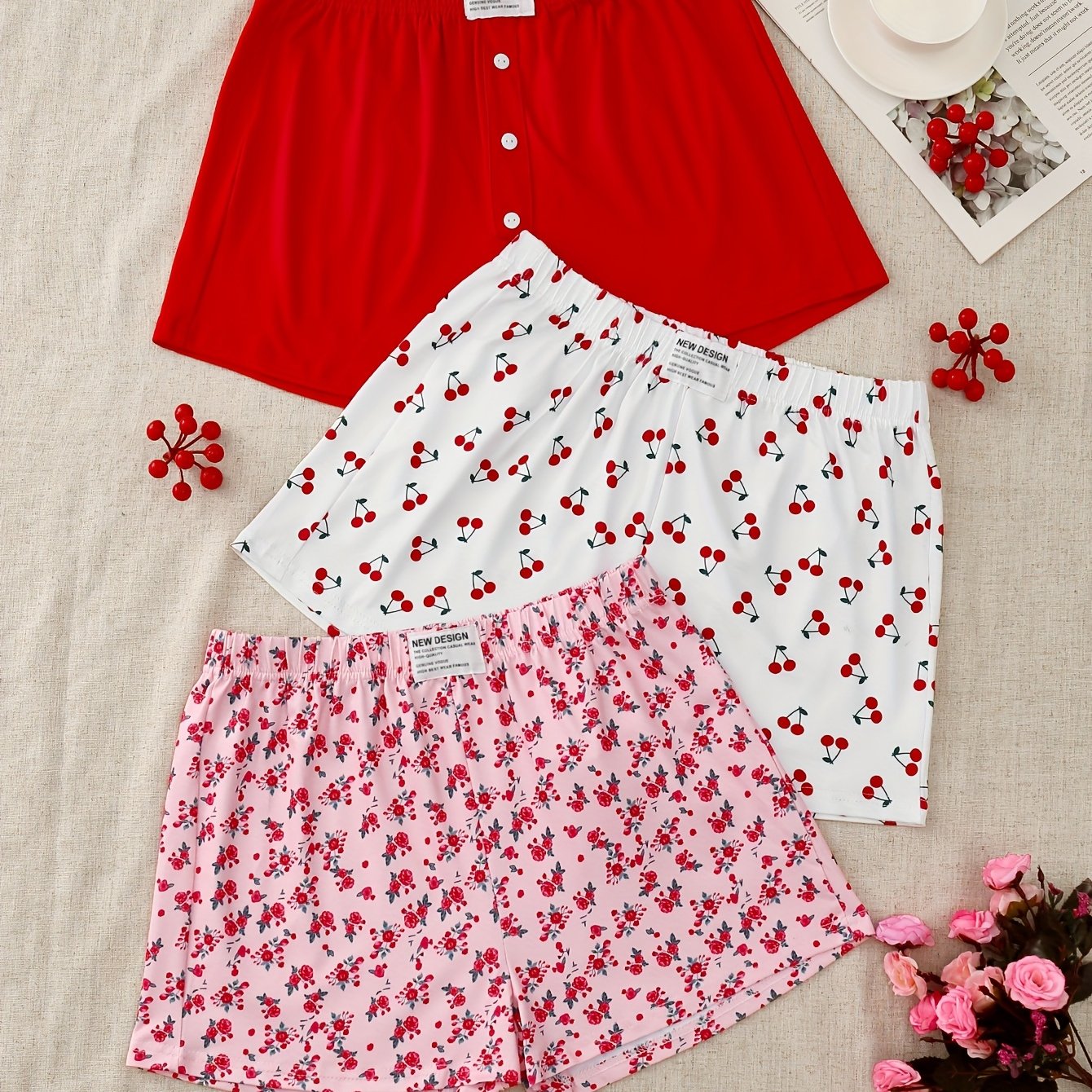 Conjunto de pantalones cortos de descanso para mujer con estampado floral, cinturilla elástica, lavable a máquina