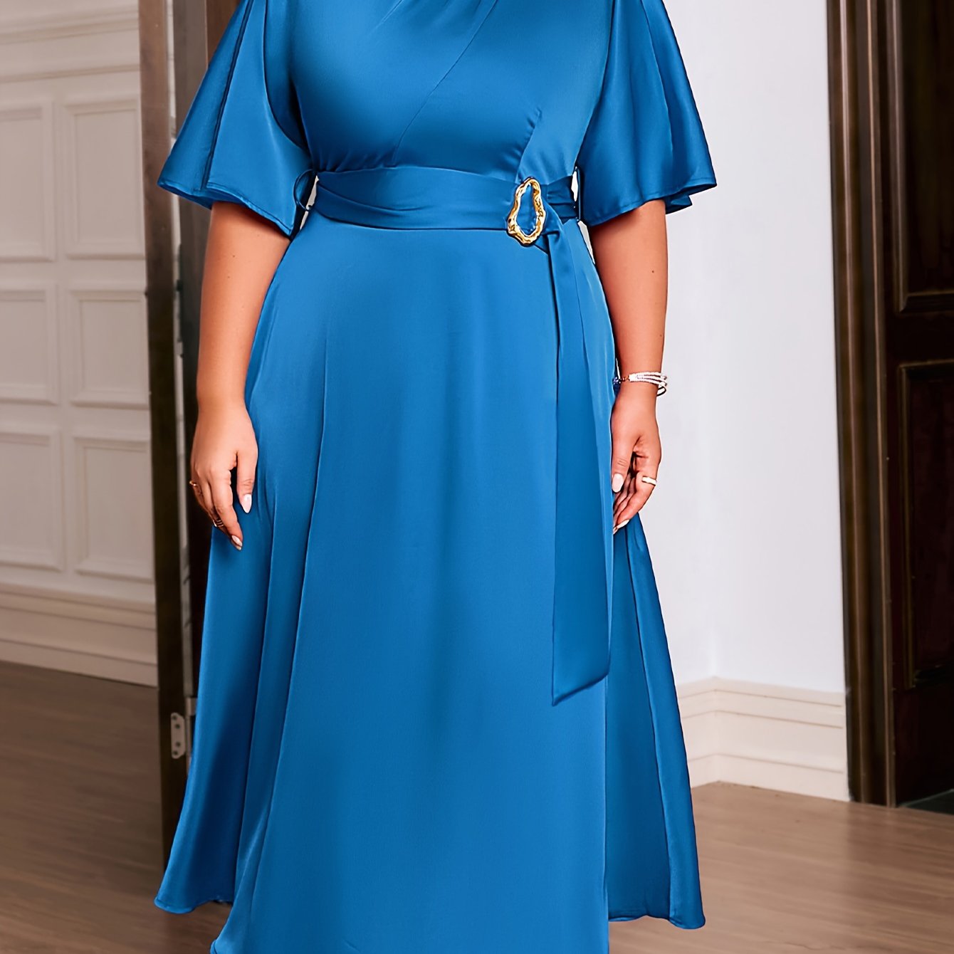 Women's Plus Size Long Dress Polyester Spandex Blend Crew Neck Short Sleeve Wedding Guest