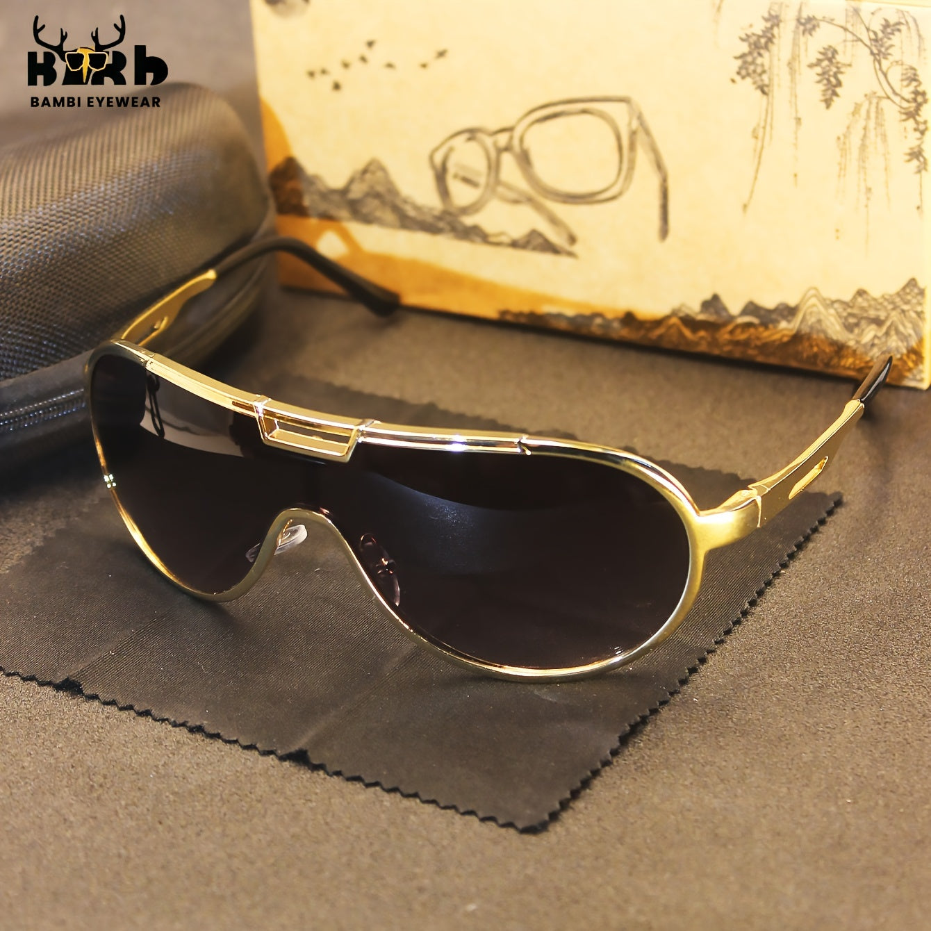 Oversized Gold Frame Sunglasses for Outdoor Cycling and Street Fashion with Zipper Case