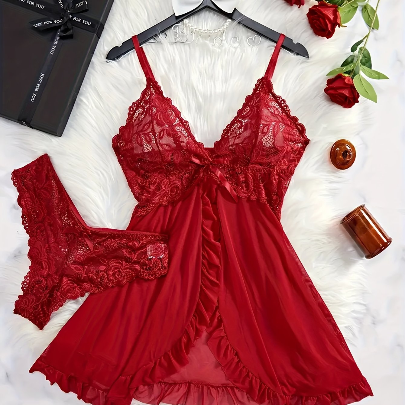 Solid Color Nightgown for Women with Lace Details V-Neck Open Back Ruffled Hem Sleepwear