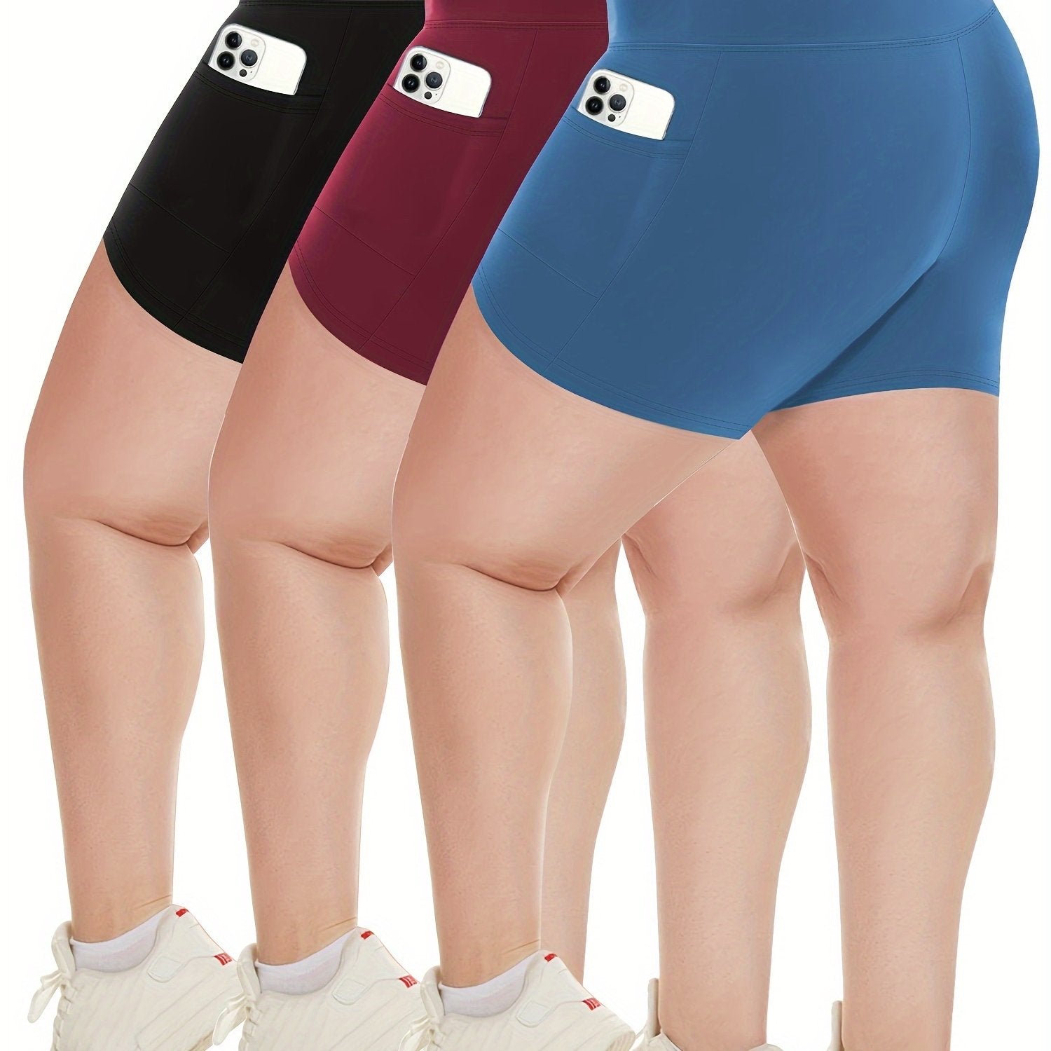 Pack de 3 pantalones cortos de gimnasio de cintura alta para mujer talla grande con bolsillos, ajuste suave