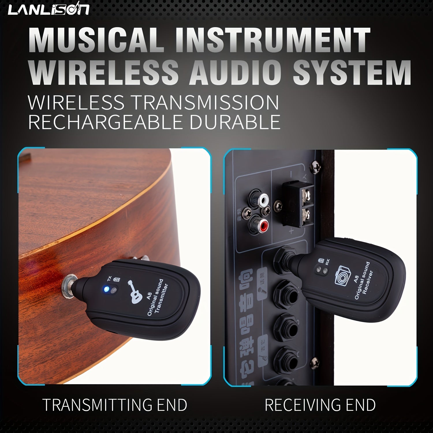 Transmisor de audio inalámbrico para guitarra eléctrica, bajo, instrumentos de viento, carga USB, negro