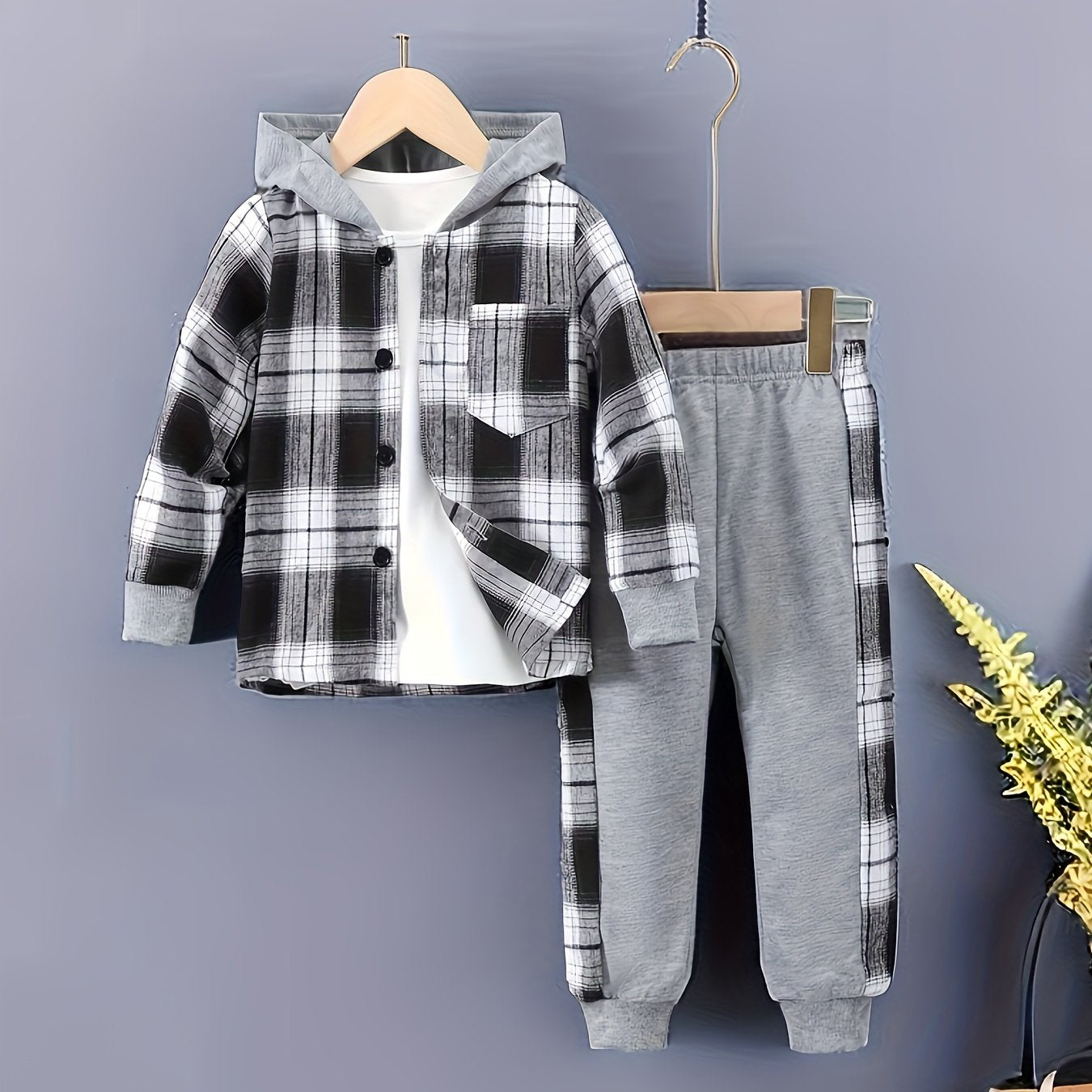 Kids Boys Plaid Hooded Casual Suit with Patchwork Pants for Spring and Fall