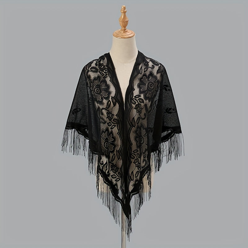 Elegant Women's Cardigan Shawl with Monochrome Lace Tassel Embroidery