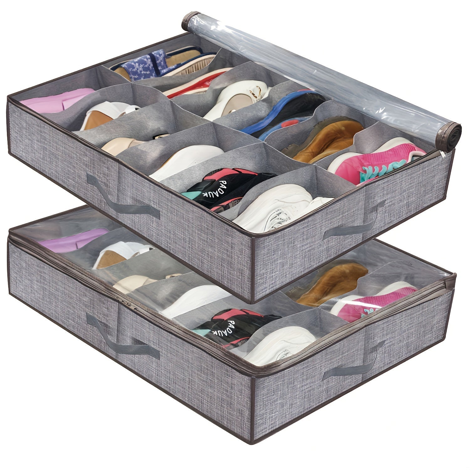 Yengil, minimalist geometrik naqshga ega yotoq ostidagi poyabzal saqlash qutisi; egiluvchan va changdan himoyalangan, tartibga solish uchun panjaralar bilan.