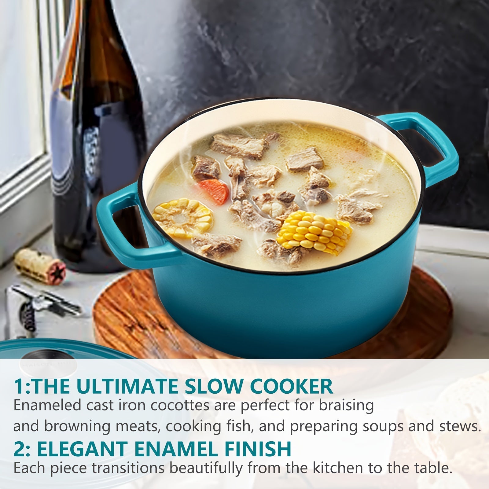 Olla de hierro fundido esmaltado de 3.7 cuartos con tapa, antiadherente, olla redonda para cocinar