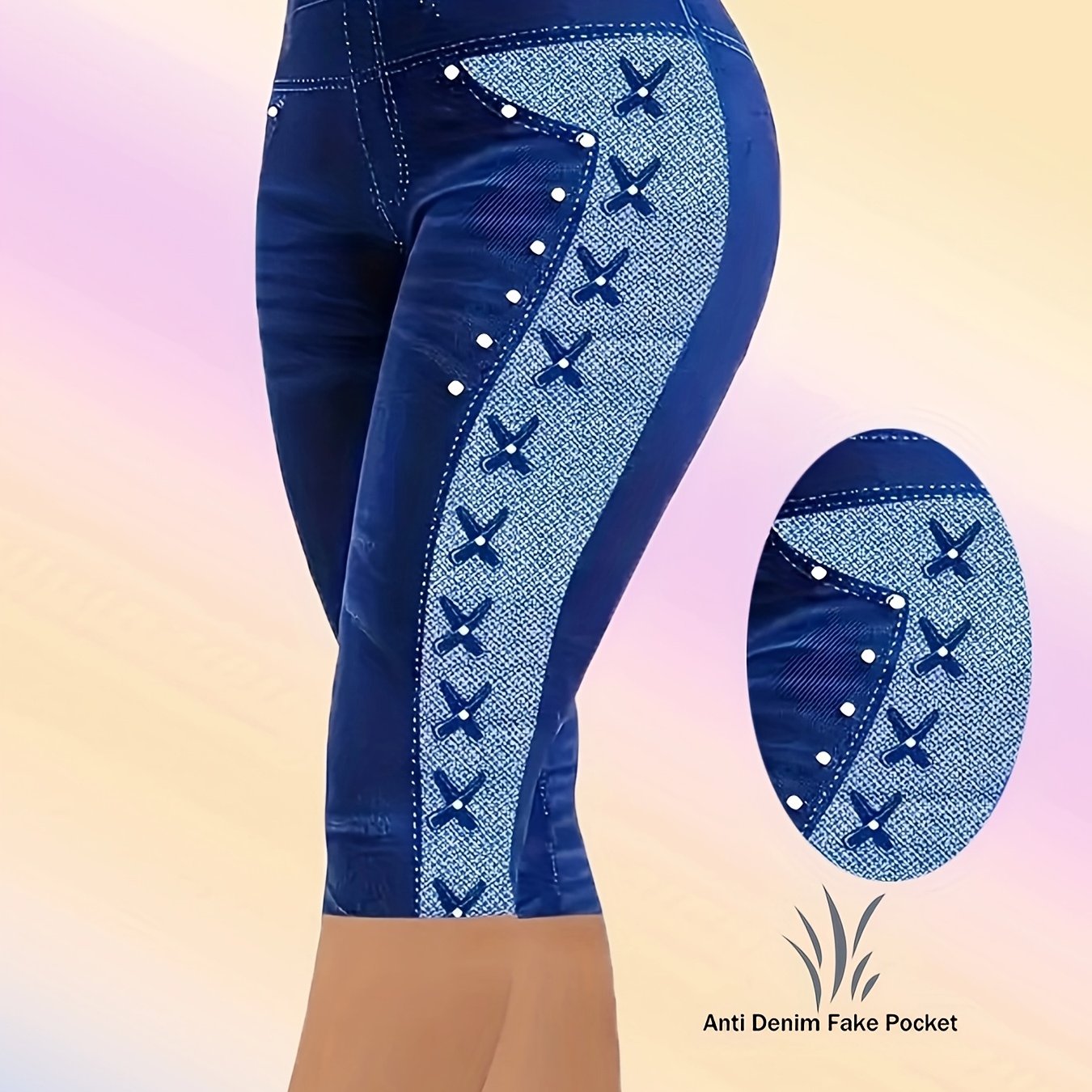 Plus Size Women's High-Stretch Imitation Denim Mid-Length Leggings with Leopard Print