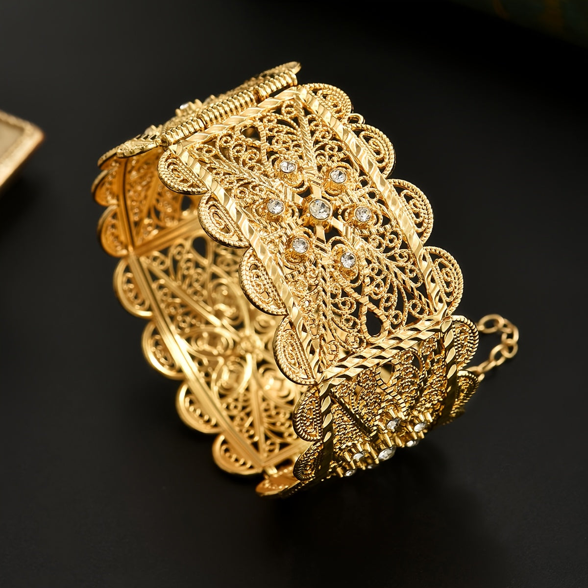 Gold Plated Zinc Alloy Bangle with Synthetic Stones Floral Open Cuff Jewelry for Weddings and Events