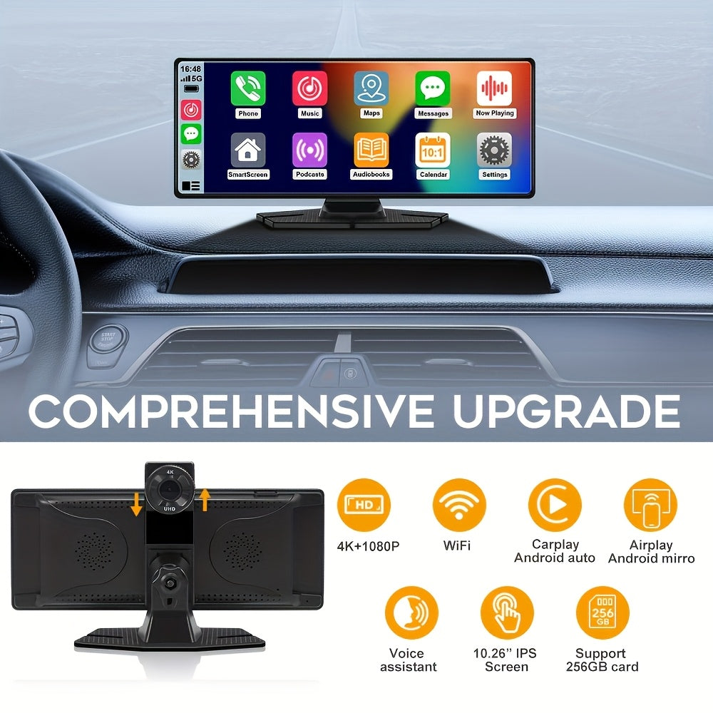 Cámara de tablero para coche con doble cámara 4K Ultra HD, control por voz, pantalla de 26cm, WiFi, grabación en bucle