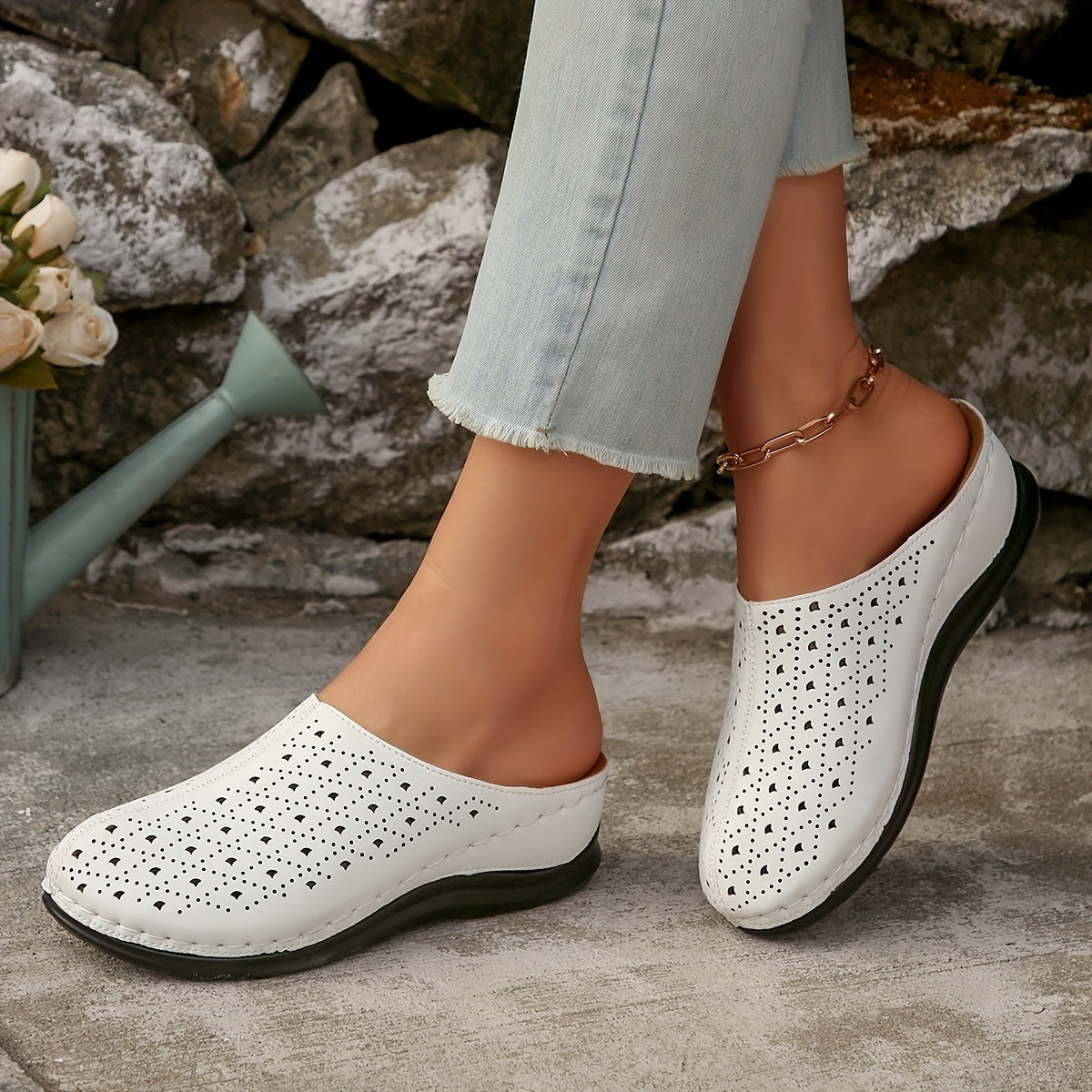 Women's Slip-On Platform Mules with Cut-Out Design Breathable PU Black White