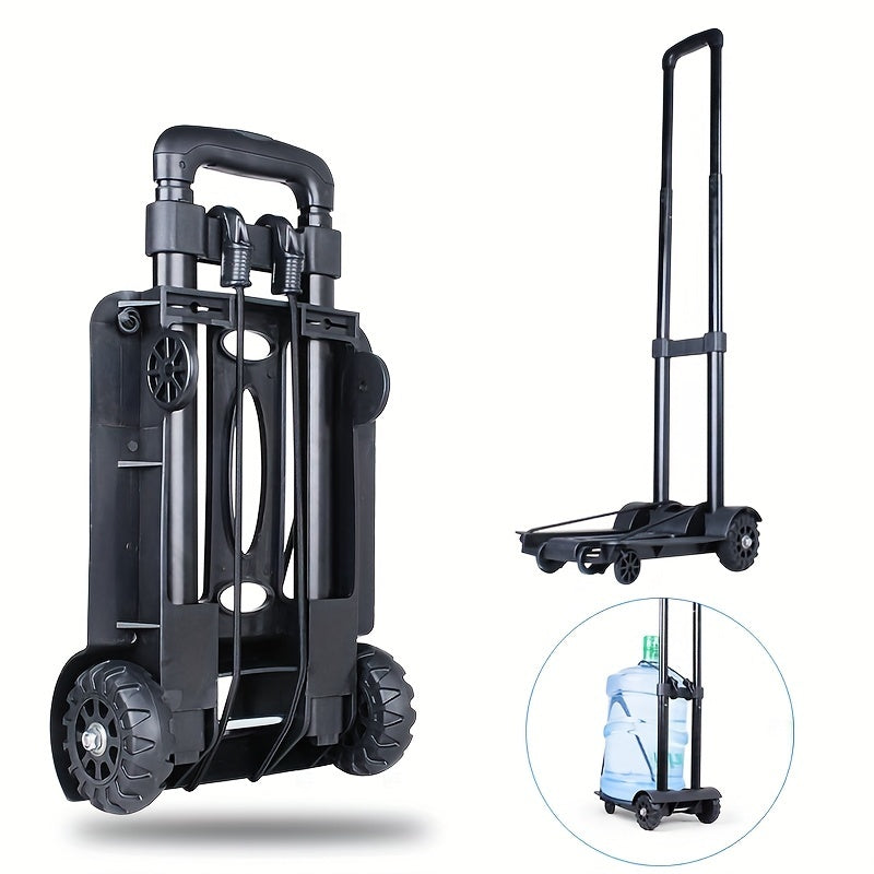 Portable Trolley with Aluminium Alloy Tie Rod, 2 Elastic Ropes, Folding Telescopic Cargo Cart, 2 Wheels, Black
