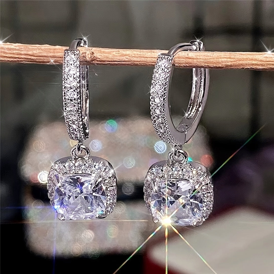 Women's Copper Micro Zirconia Square Earrings for Weddings Daily Wear