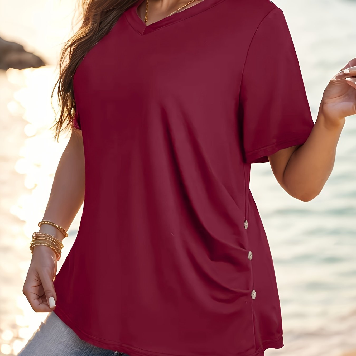 Women's Plus Size Green V-Neck Short Sleeve Casual T-Shirt