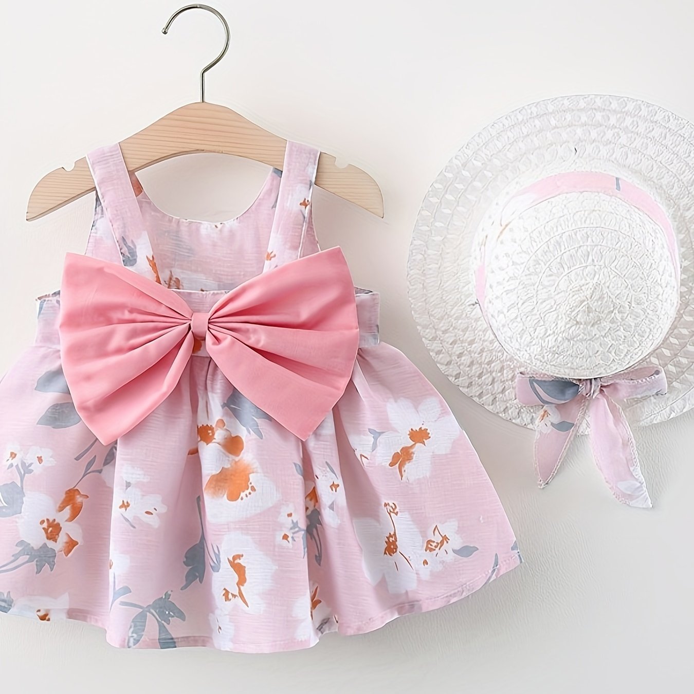 Baby Girls Summer Dress with Flower Print and Matching Hat Set