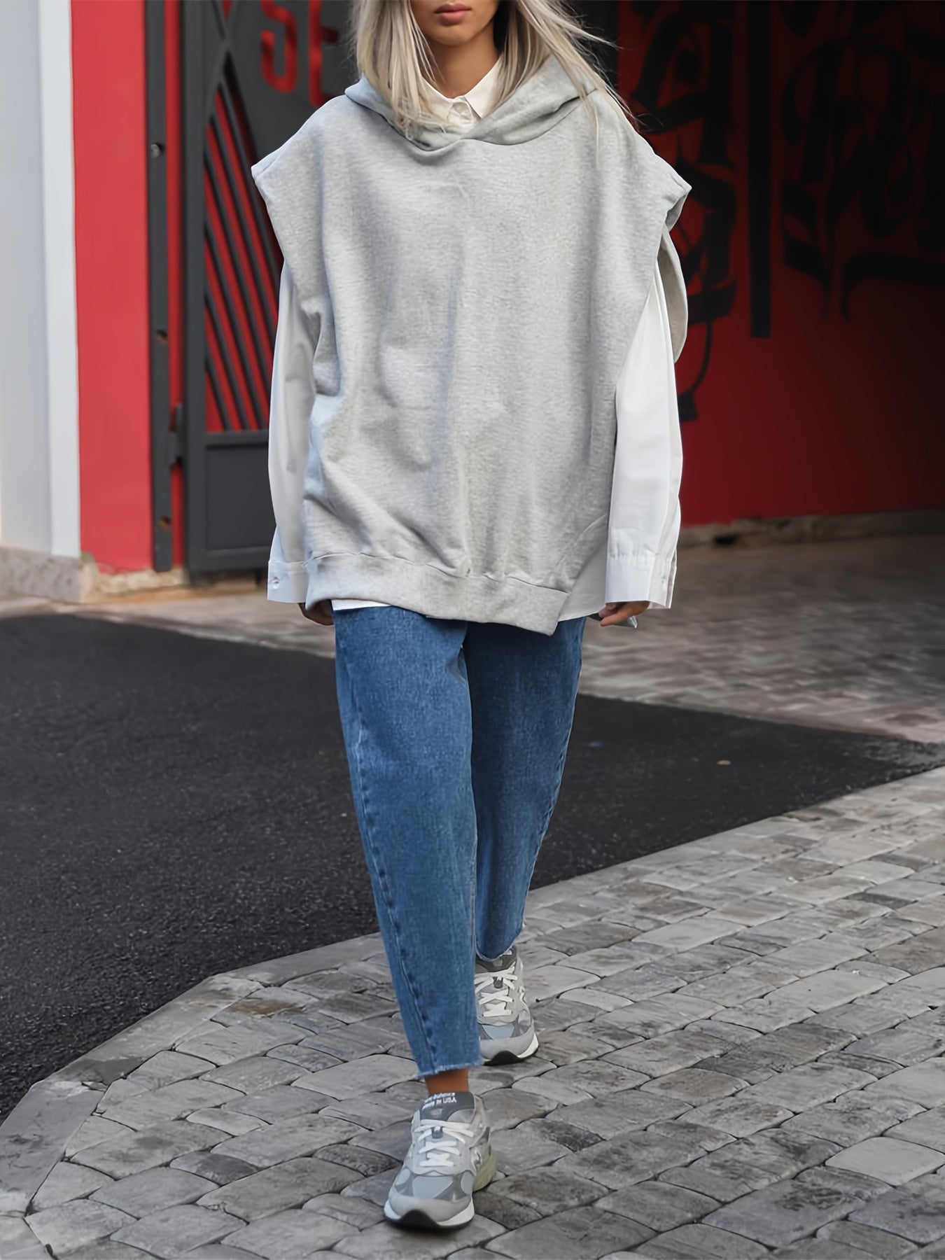 Sudadera sin mangas de talla grande para mujer con dobladillo con abertura para primavera y otoño casual