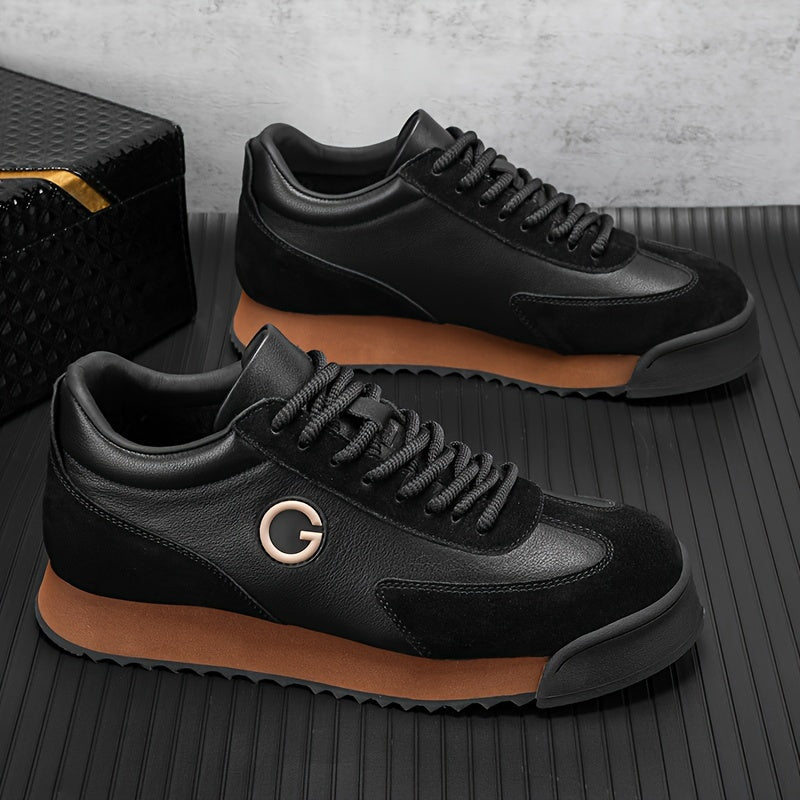 Men's Black Mid-Top Sneakers with Brown Accents Durable PU Upper Rubber Sole Casual Business