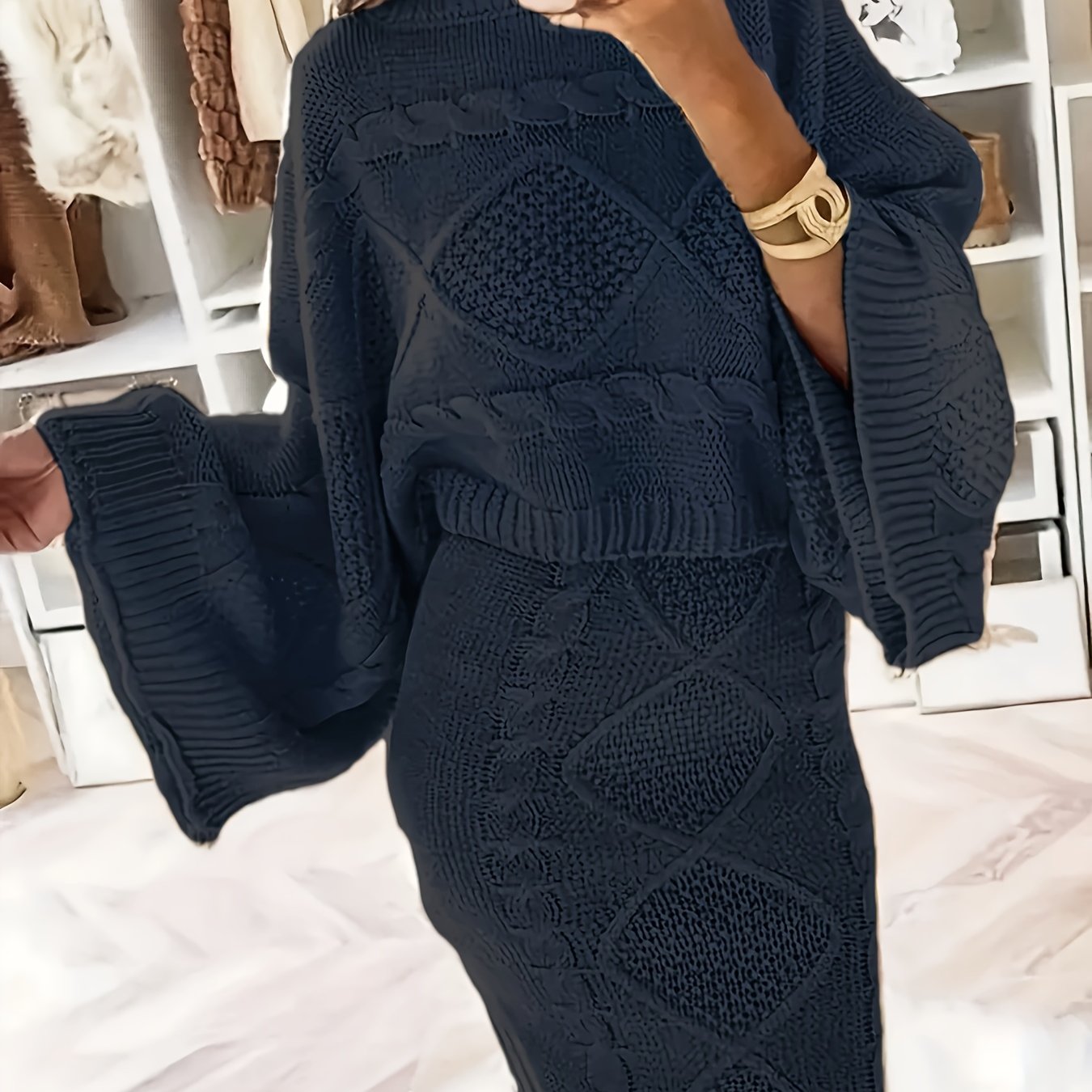 Plus Size Casual Sweater Skirt Two-Piece Set Black Large