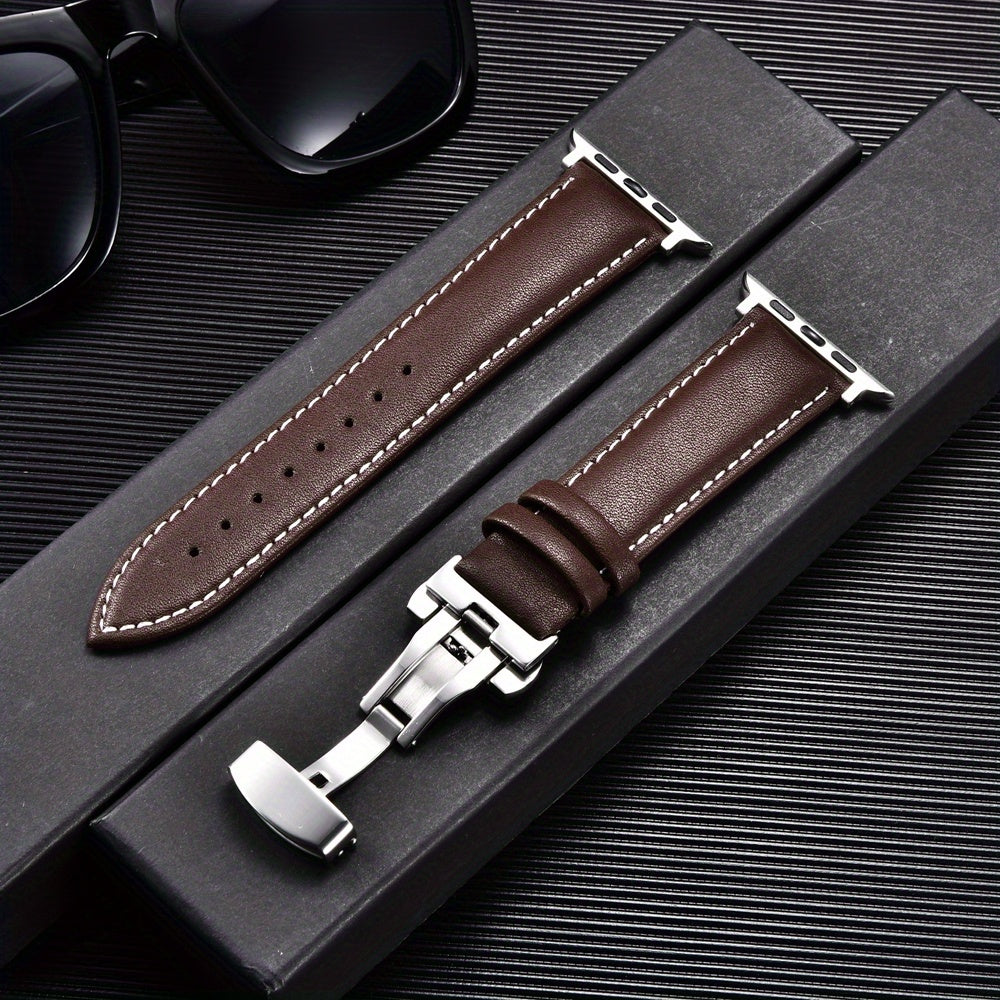PU Leather Watch Band with Butterfly Clasp Compatible with All Apple Watch Models 38/40/41mm 42/44/45/49mm