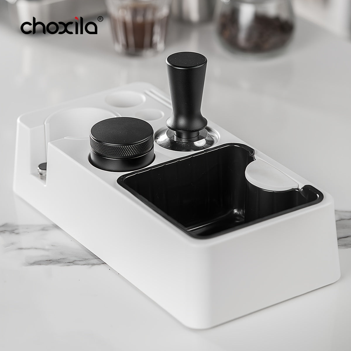 Choxila Espresso Knock Box с прочной пластиковой конструкцией - органайзер для кофе 51/54/58 мм темпер, портафильтр и шайба с сеткой аксессуары - стильный черный дизайн с оранжевыми акцентами