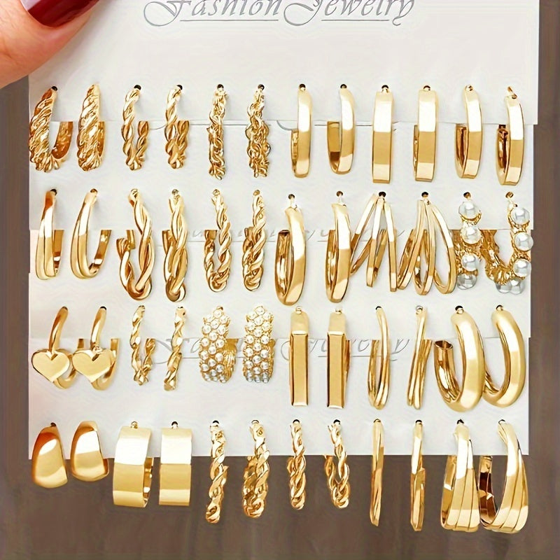 48-Piece Set of Women's Hoop Earrings with Geometric and Heart Designs Faux Pearl Accents Stainless Steel Posts