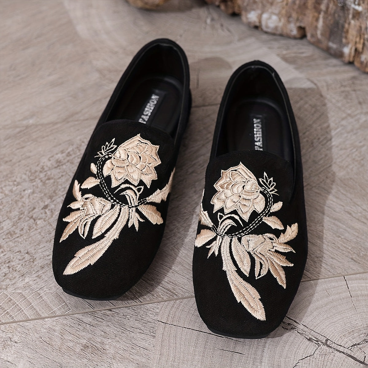 Women's Floral Embroidered Square Toe Slip-On Flats Casual Black Shoes