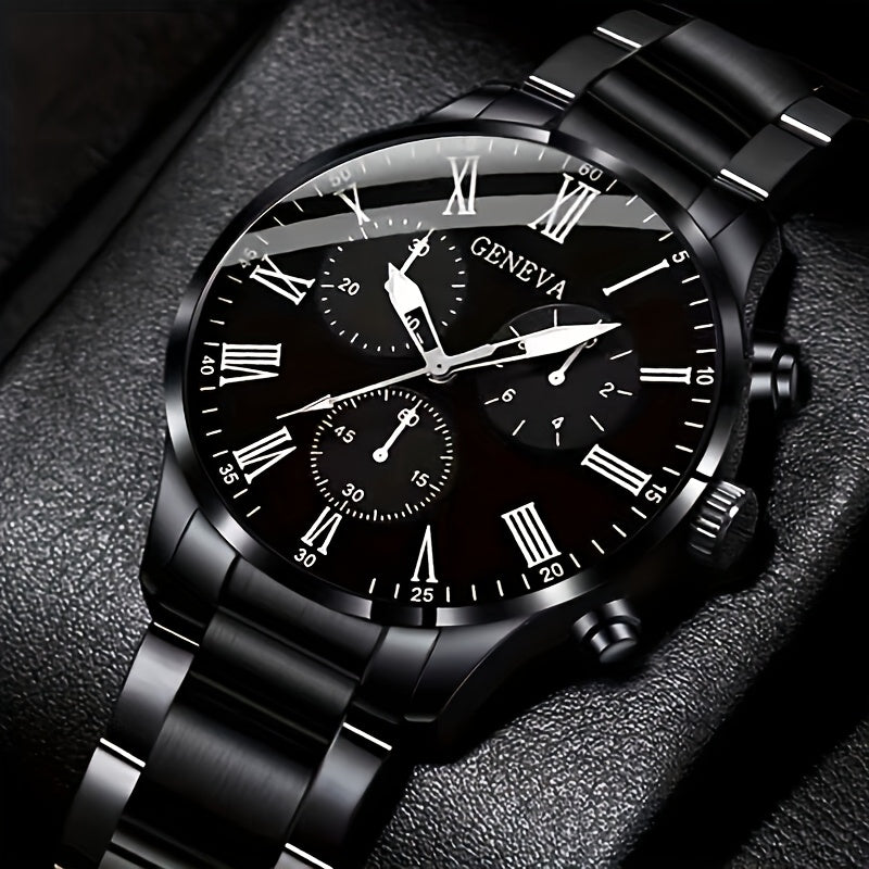 Men's Stainless Steel Business Watch Set with Quartz Dial Necklace Bracelet Ring
