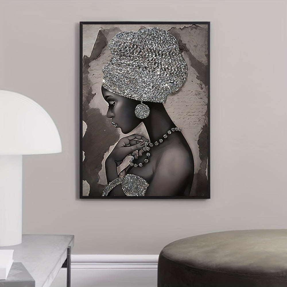 Abstract Canvas Wall Art Featuring Silvery Glitter Embroidered African Woman 40x60cm or 50x75cm