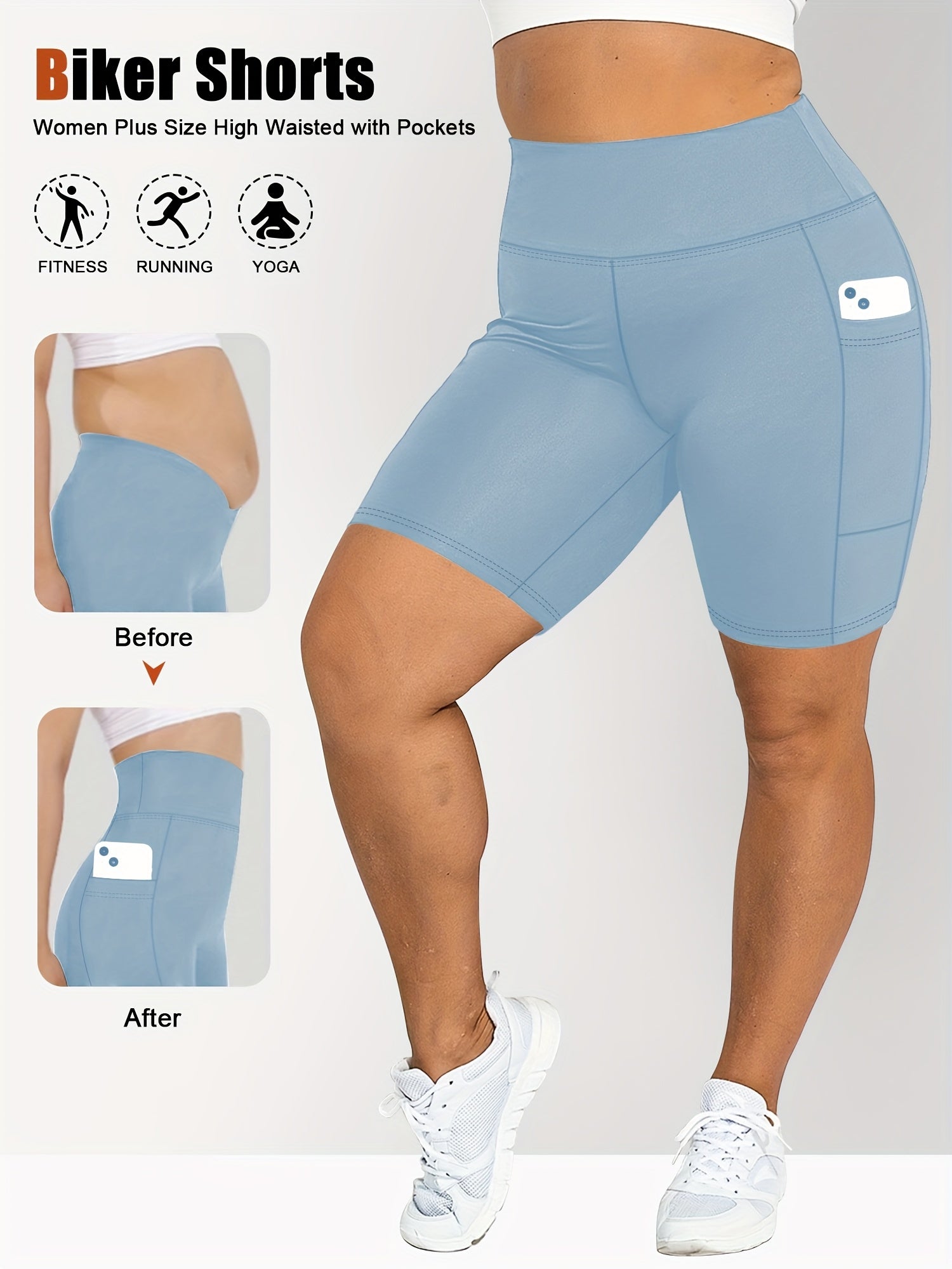 Pantalones cortos de tiro alto con elastano y bolsillos para mujer talla grande para verano