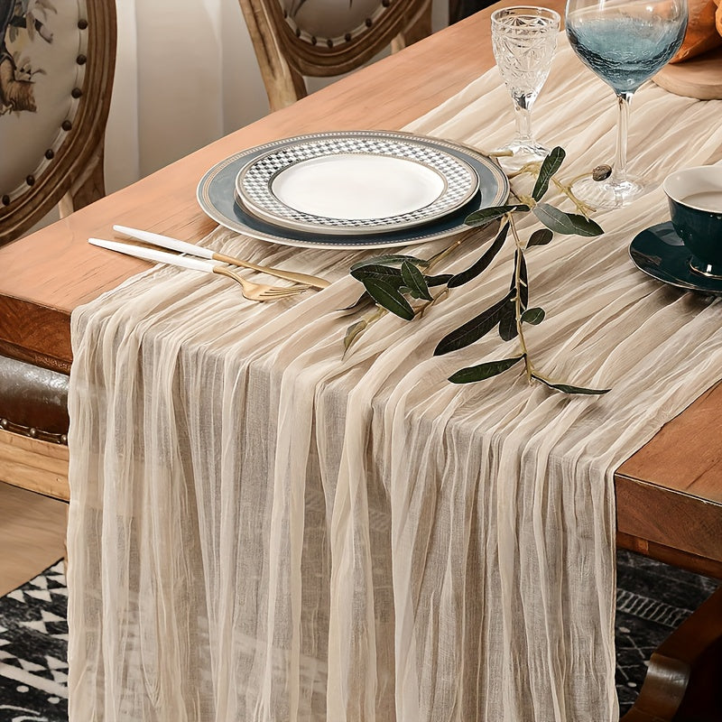 Boho Pleated Polyester Gauze Table Runner for Rustic Wedding and Holiday Decor