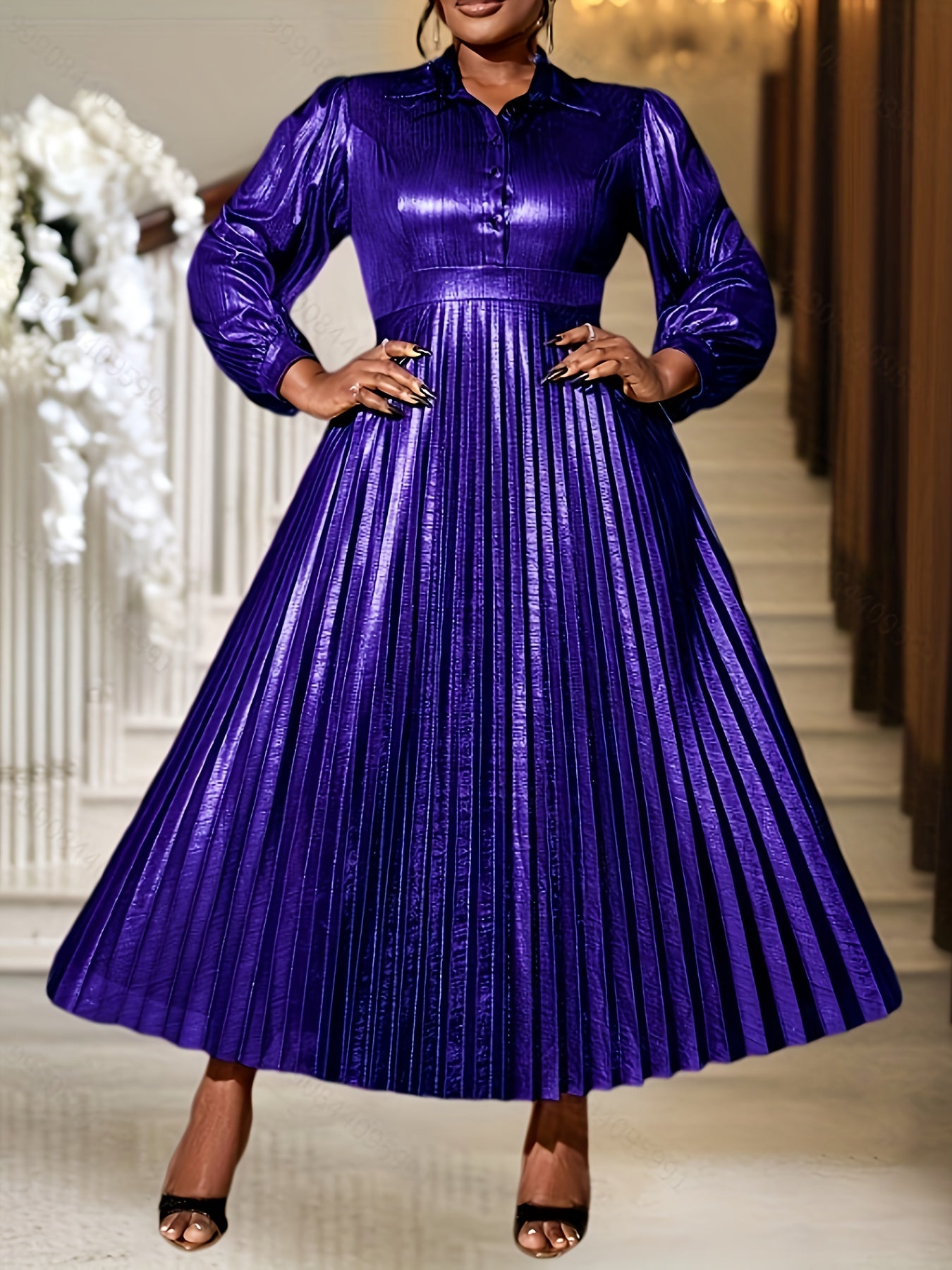 Women Gold A-Line Party Dress Long Sleeve Pleated Evening Gown