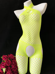 Women's Fishnet Halter Neck Bodysuit with Open Crotch and See-Through Knit Fabric
