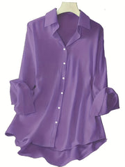 Women's Plus Size Satin-Like Purple Button-Up Shirt Long Sleeve Casual Elegant