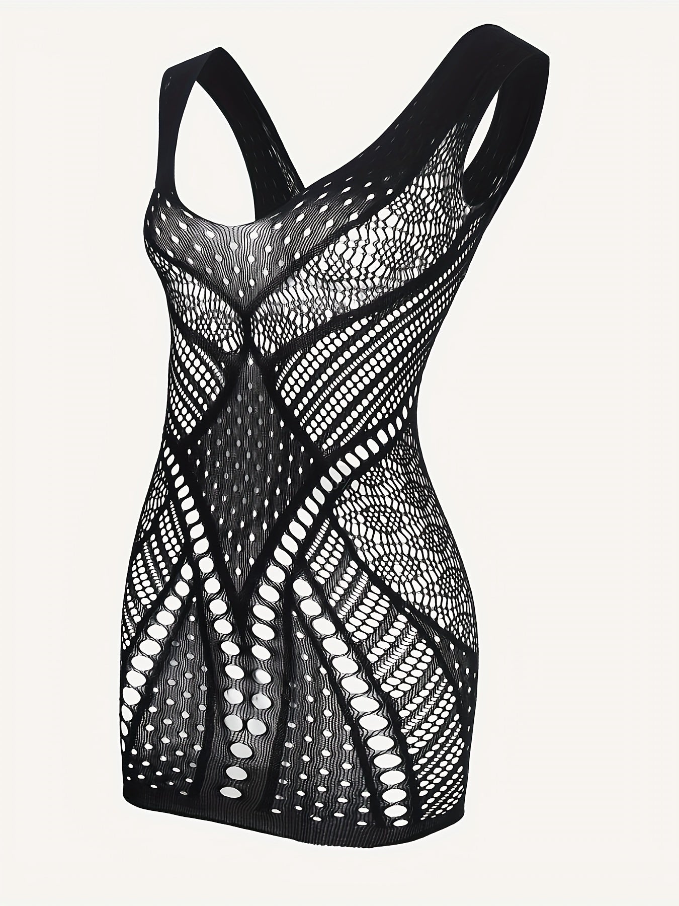 Sexy Lace Mesh Bodycon Dress for Women Hollow-Out Spaghetti Straps Knitted Fabric Nightclub Wear