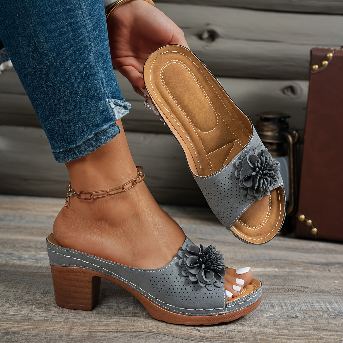 Women's Floral Embellished Mid-Heel Slide Sandals Open-Toe Beige Dressy Footwear