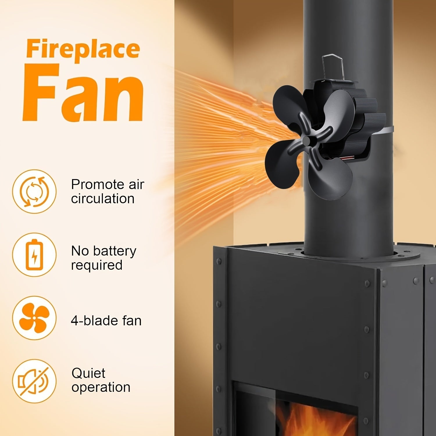 Wood-Burning Stove Fan 4-Blade Wall-Mounted Air Circulating No Electricity