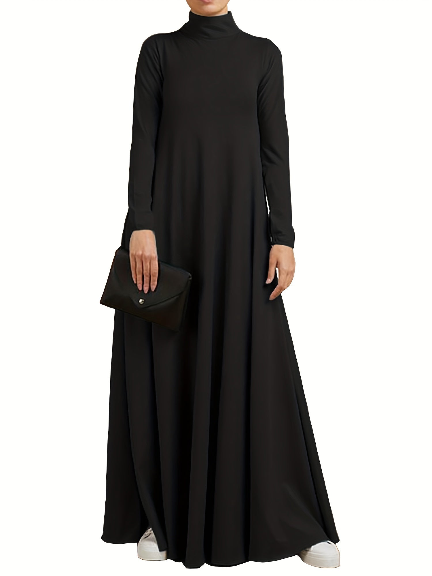 Long Sleeve Solid Color Ramadan Kaftan Dress with Turtle Neck Maxi Length Women’s Clothing