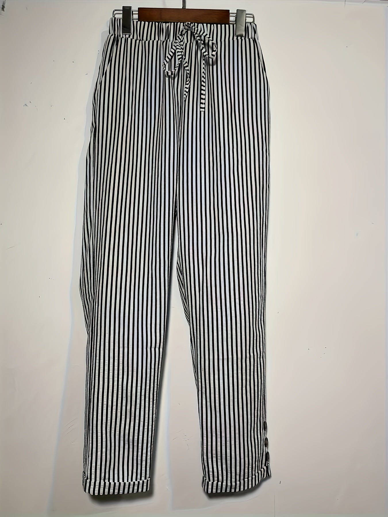 Women's Black And White Striped Cropped Pants Button Fly Straight Leg Casual Trousers