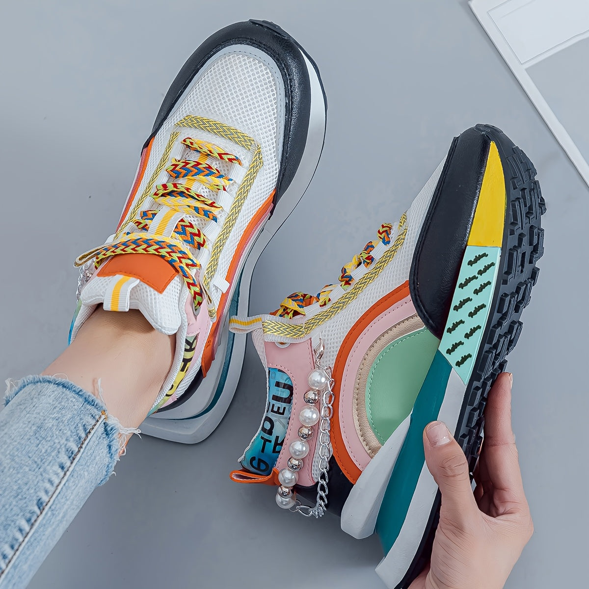 Women’s Fashion Sneakers with Colorful Laces and Bead Embellishments