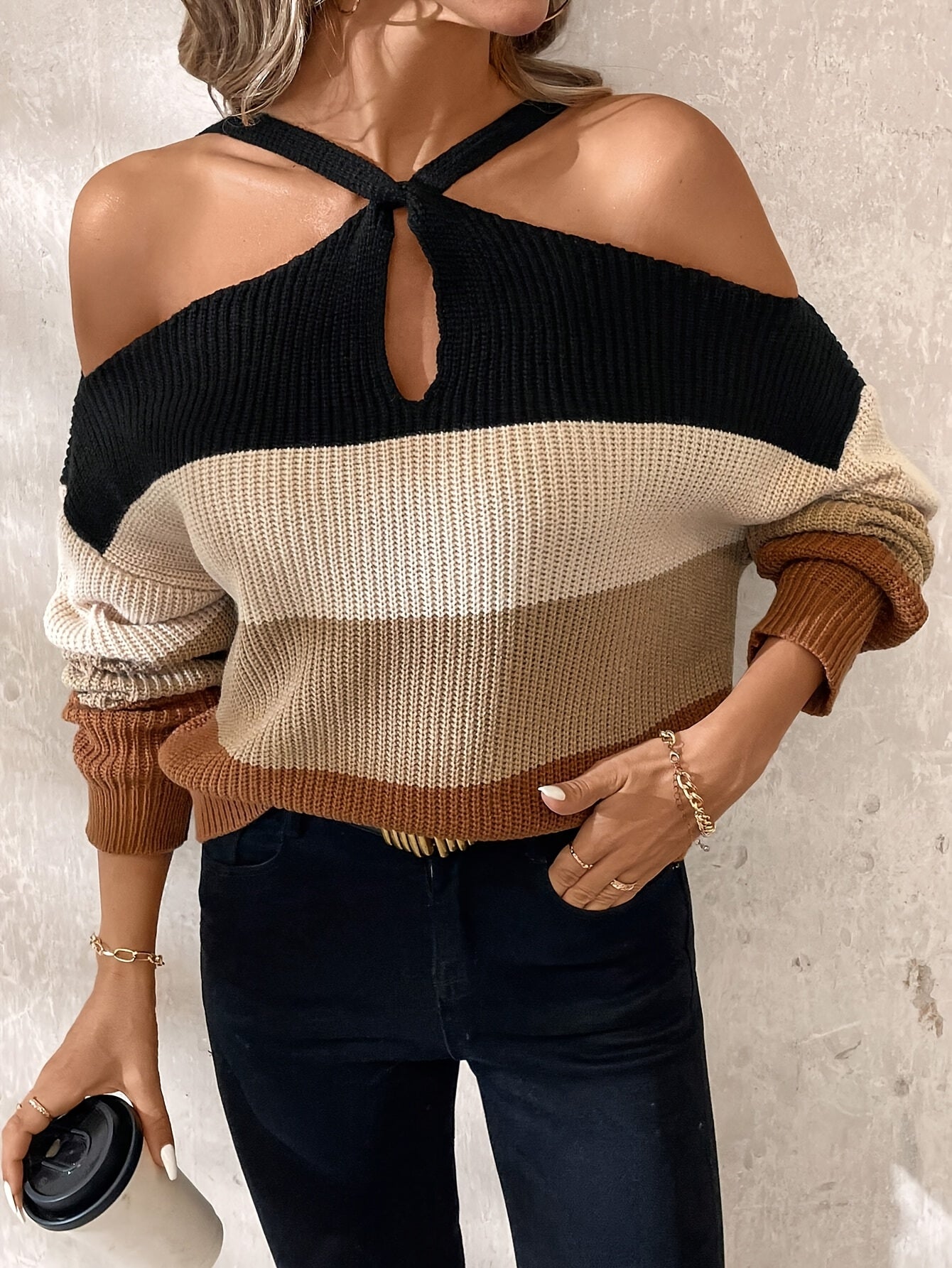 Women's Plus-Size Off-Shoulder Top Black Beige Stripes Soft Stretchy Fabric