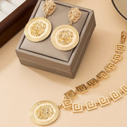 Gold Plated Lion Head Pendant Necklace and Earring Set for Women Minimalist Zinc Alloy Jewelry