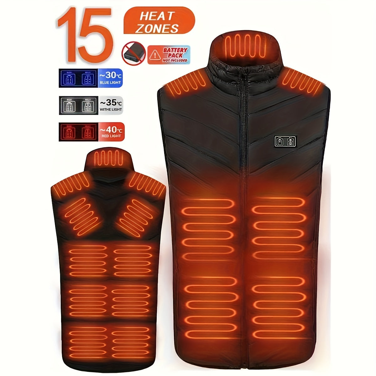 Unisex Heated Vest with 15 Heating Areas USB Rechargeable Winter Outdoor Warmth