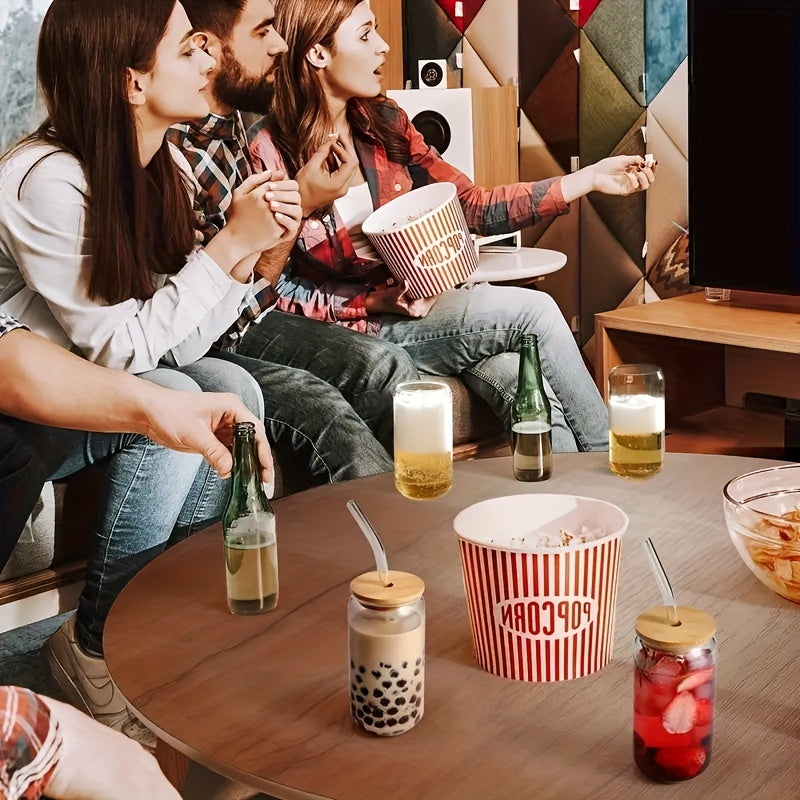 Set of Drinking Glasses with Bamboo Lids and Glass Straws 16oz Can Shaped Cups for Beer Iced Coffee Cocktails